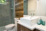 The main level guest bathroom beautifully integrates modern and rustic aesthetic.